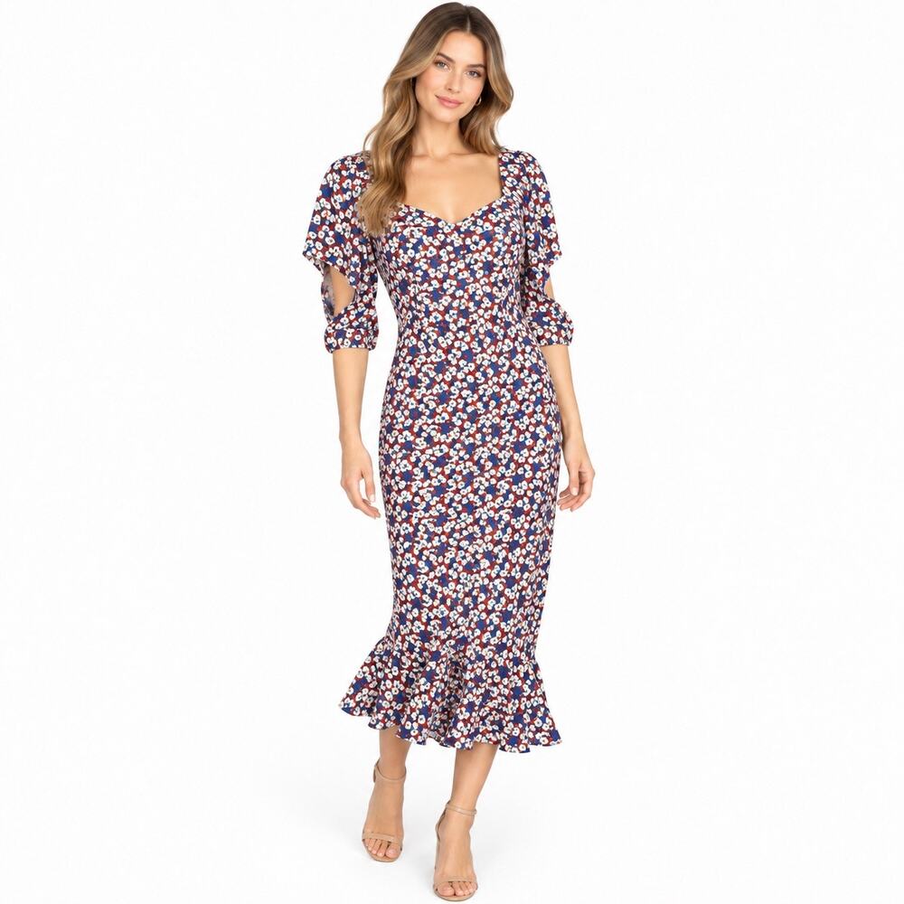 Sugar High Womens Floral Jumpsuit Flutter Sleeve Ruffled Cropped Hems Blue Red L